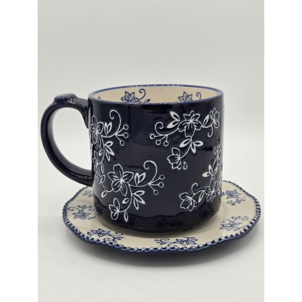 Temp-tations By Tara Blue White Floral Lace Coffee Mug And Saucer 20 Oz. floral